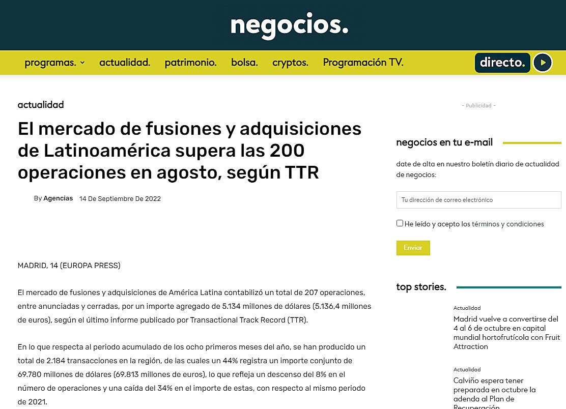 El mercado de fusiones y adquisiciones de Latinoamrica supera las 200 operaciones en agosto, segn TTR